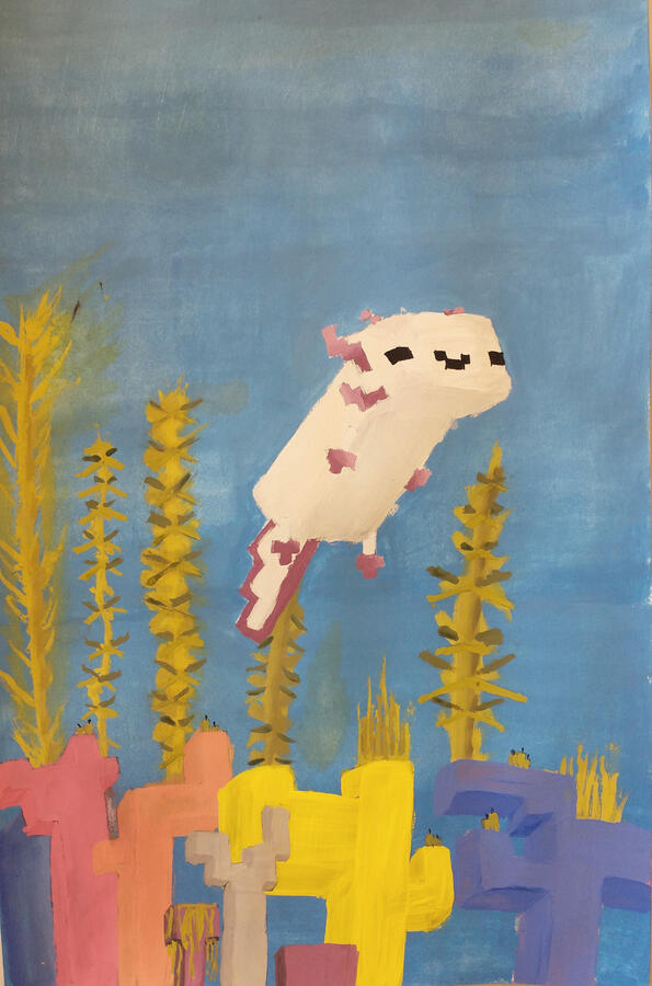 Axolotl, acrylic, made for painting class in HS. Axolotl, acrylic, made for painting class in HS.